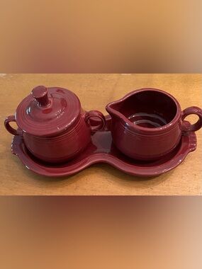 Fiesta Fiestaware Sugar with Lid, Creamer, Figure 8 Tray, Cinnabar Maroon